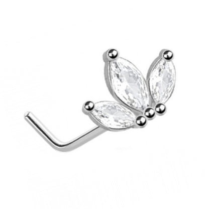 CZ Marquise Leaf Fan L Bend Nose Stud 20G 1/4" 316L Surgical Steel Nose Ring In Silver on a white background.
