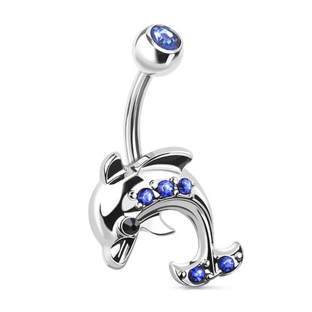 Dolphin Blue CZ Belly Ring 14G 316L Surgical Steel pictured against a white background.