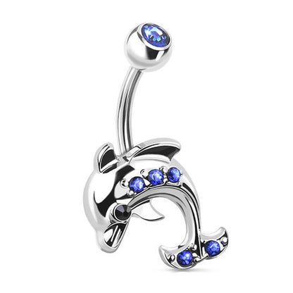 Dolphin Blue CZ Belly Ring 14G 316L Surgical Steel pictured against a white background.