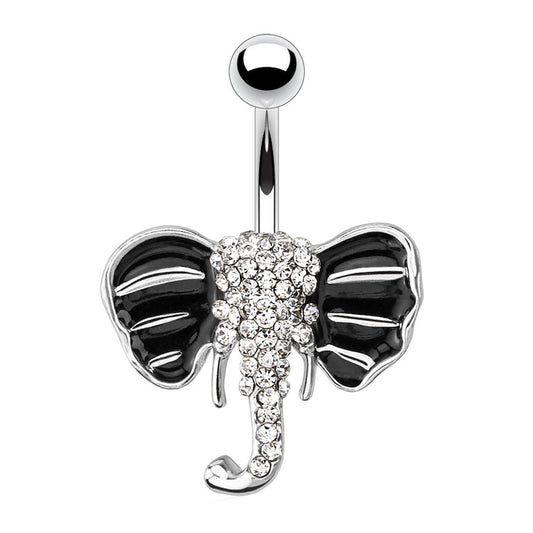 Elephant Paved Gem Enamel Ears Belly Ring 14G 316L Surgical Steel on a white background.