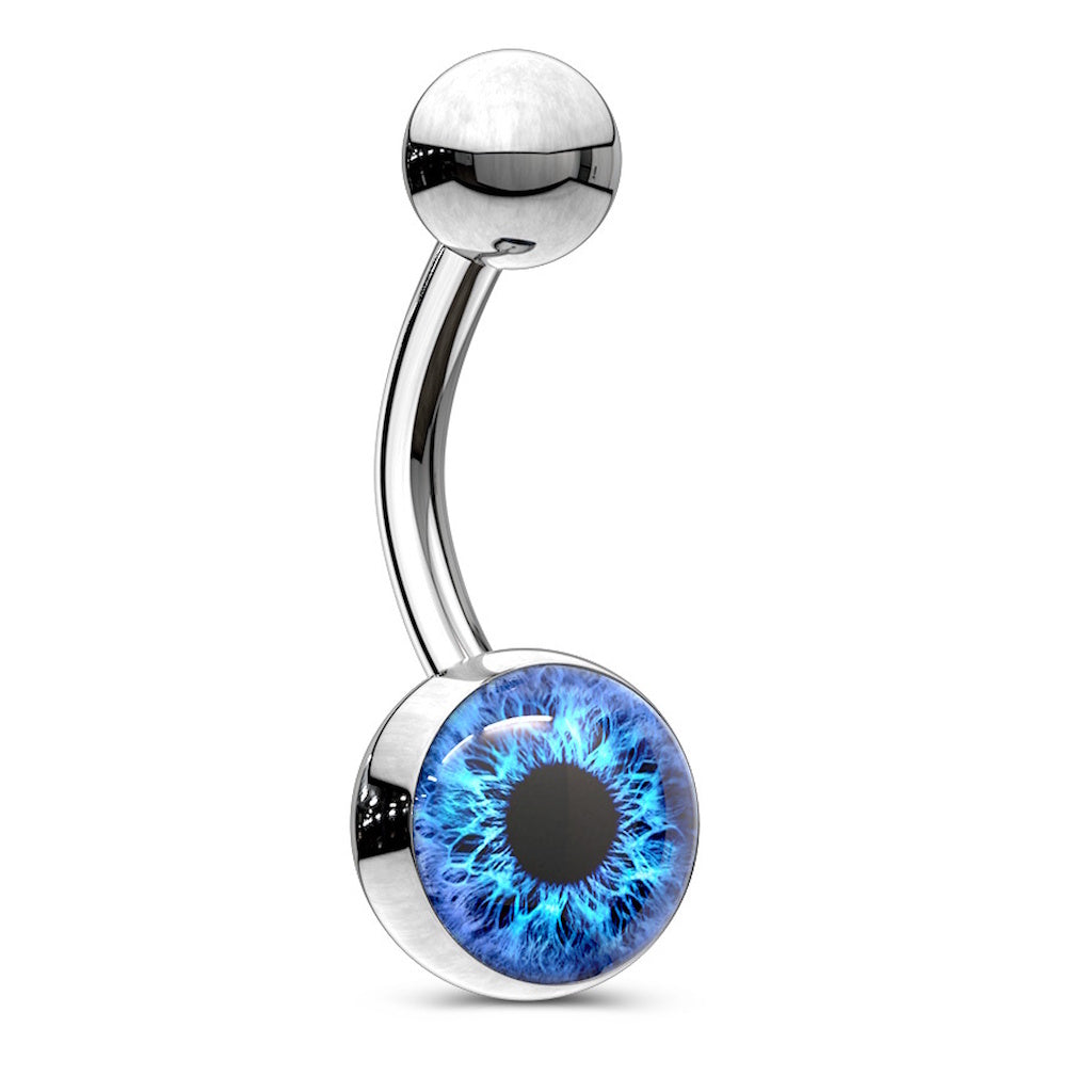 Blue Eyeball Belly Button Ring 14G 316L Surgical Steel on a white background.