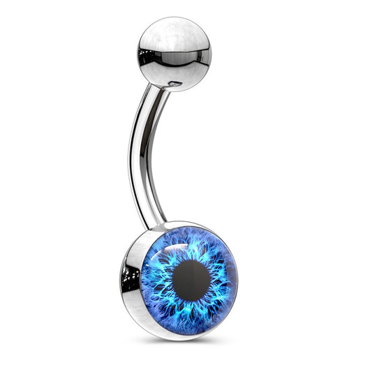 Blue Eyeball Belly Button Ring 14G 316L Surgical Steel on a white background.