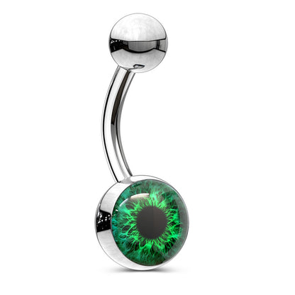 Green Eyeball Belly Button Ring 14G 316L Surgical Steel on a white background.