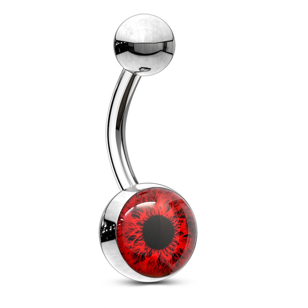 Red Eyeball Belly Button Ring 14G 316L Surgical Steel on a white background.