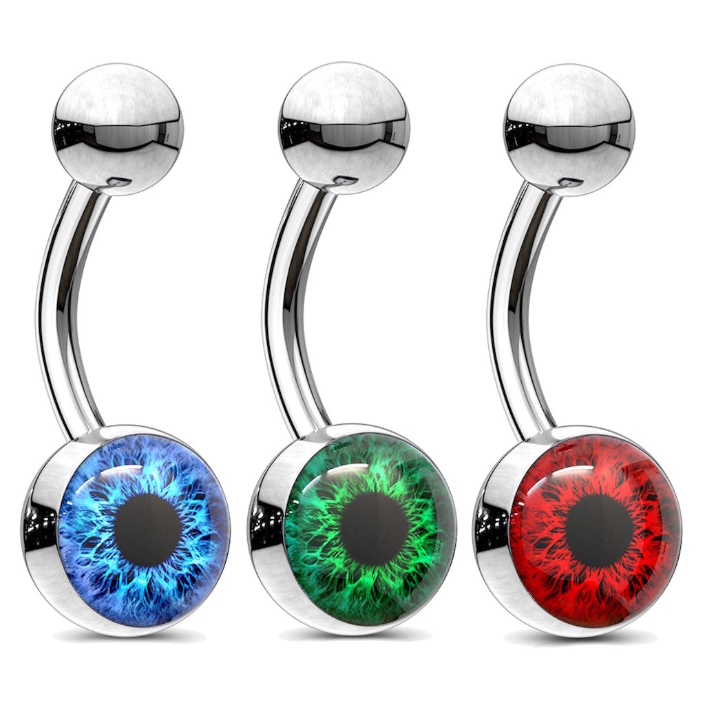 A blue, a green, and a red set of Eyeball Belly Button Rings14G 316L Surgical Steel on a white background.