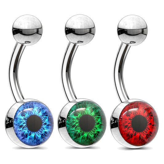 A blue, a green, and a red set of Eyeball Belly Button Rings14G 316L Surgical Steel on a white background.