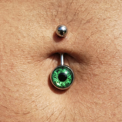 Green Eyeball Belly Button Ring 14G 316L Surgical Steel on a male model.