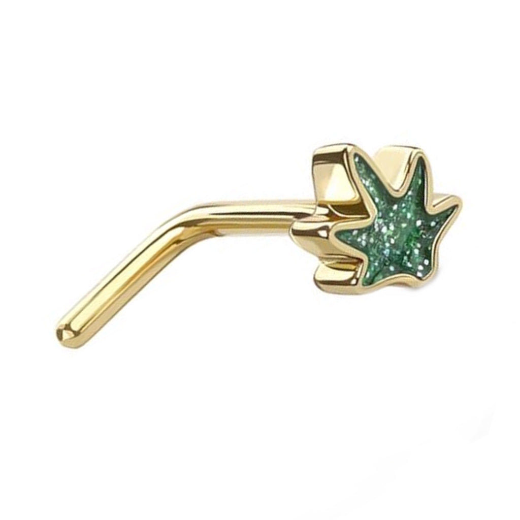 Green Glitter Marijuana Leaf Nose Ring 20G L Bend 316L Surgical Steel Gold
