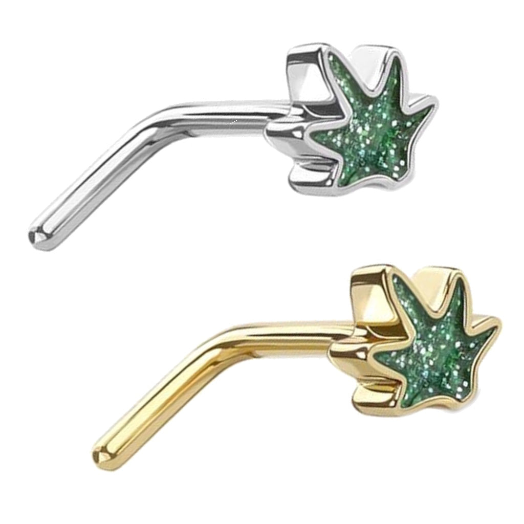 Green Glitter Marijuana Leaf Nose Ring 20G L Bend 316L Surgical Steel