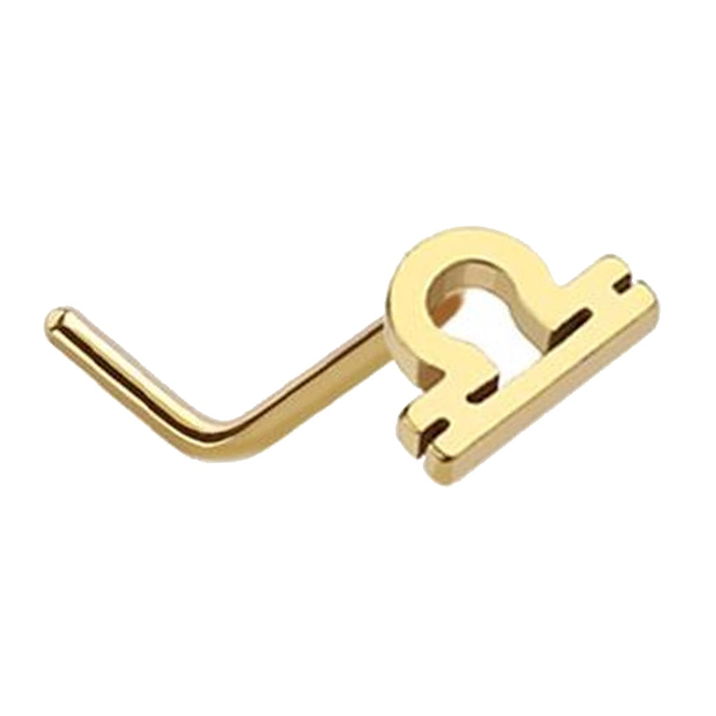 Libra Zodiac L Bend Nose Stud 20G 1/4" 316L Surgical Steel Nose Ring in gold on a white background.