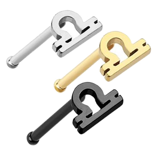Libra Zodiac Nose Bone Stud 20G 1/4" Surgical Steel Nose Ring in silver, gold, and black on white background.