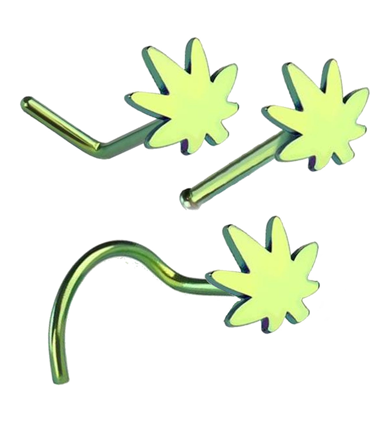 Marijuana Leaf Nose Ring 20G L Bend Bone Corkscrew Nose Stud 316L Surgical Steel