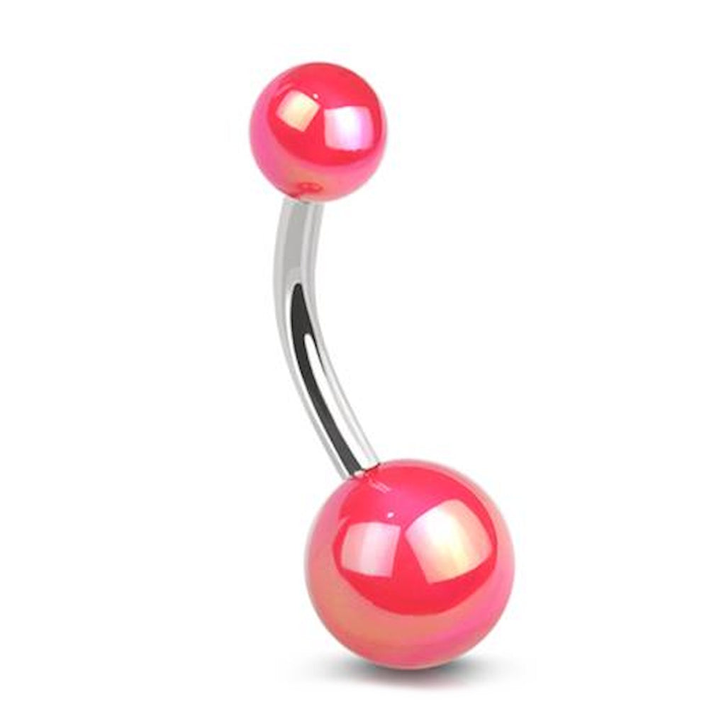 Pink Iridescent Pearlescent Shimmer Belly Ring 14G 316L Surgical Steel against a white background.