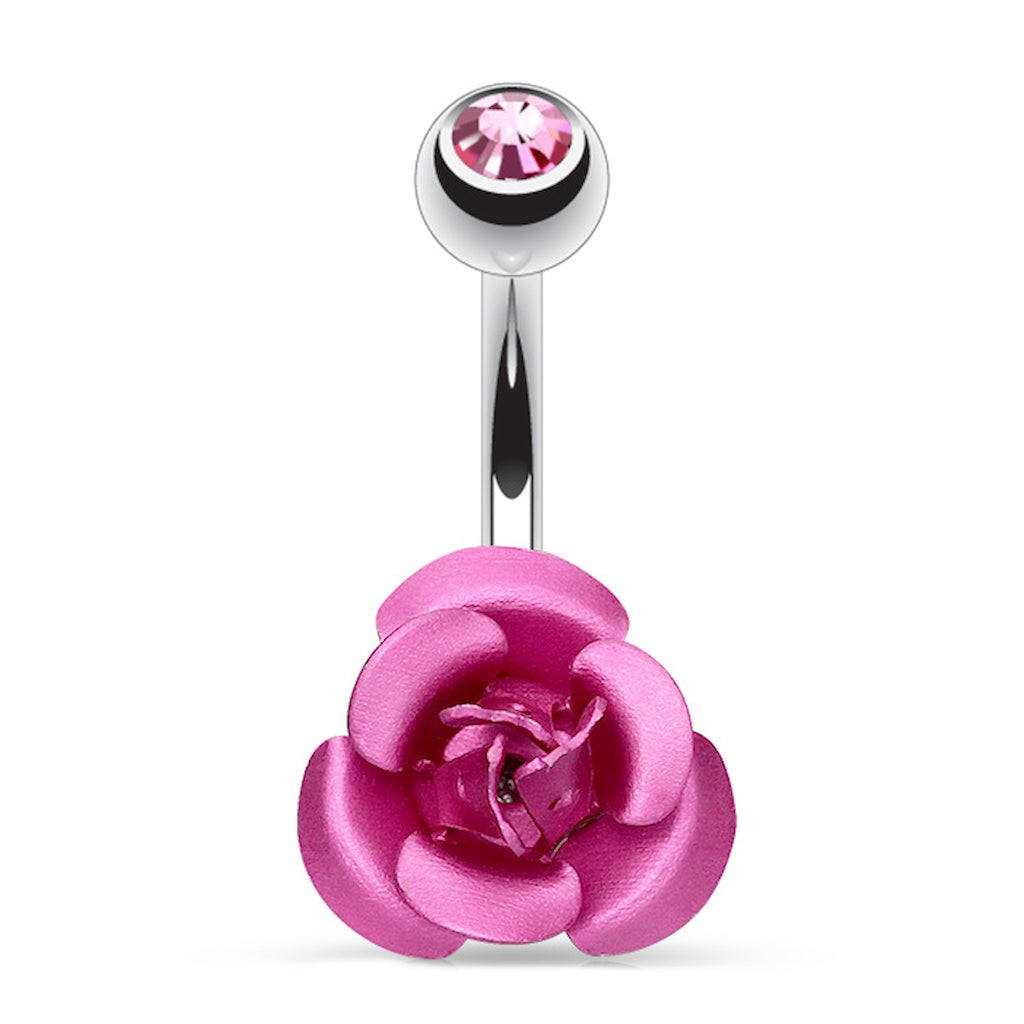 Pink Rose Metal Flower Belly Ring 14G 316L Surgical Steel on a white background.