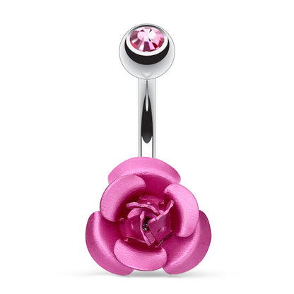 Pink Rose Metal Flower Belly Ring 14G 316L Surgical Steel on a white background.