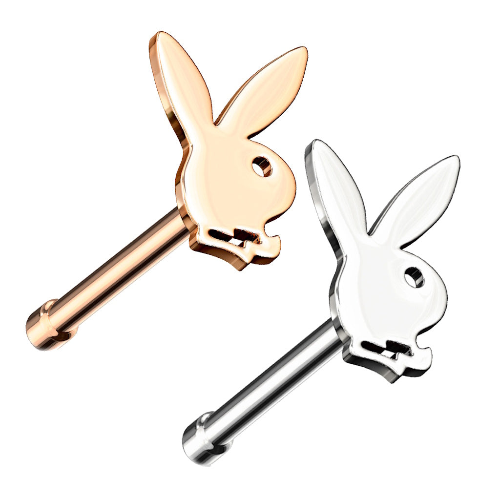 Playboy Nose Bone Stud 20G 1/4" Surgical Steel Nose Ring in silver and rose gold on a white background.