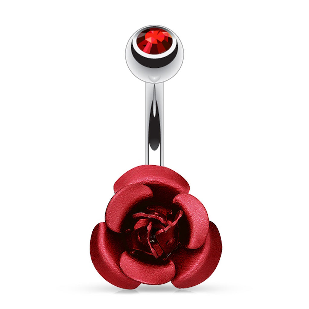 Red Rose Metal Flower Belly Ring 14G 316L Surgical Steel on a white background.