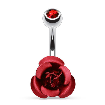 Red Rose Metal Flower Belly Ring 14G 316L Surgical Steel on a white background.