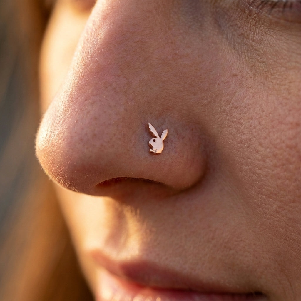 Rose gold Playboy nostril ring on the nose of a model.