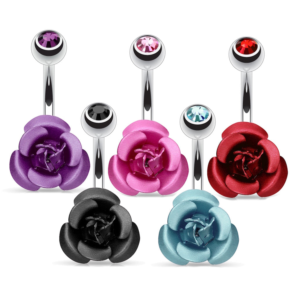 Rose Metal Flower Belly Ring 14G 316L Surgical Steel 5 colors on a white background.