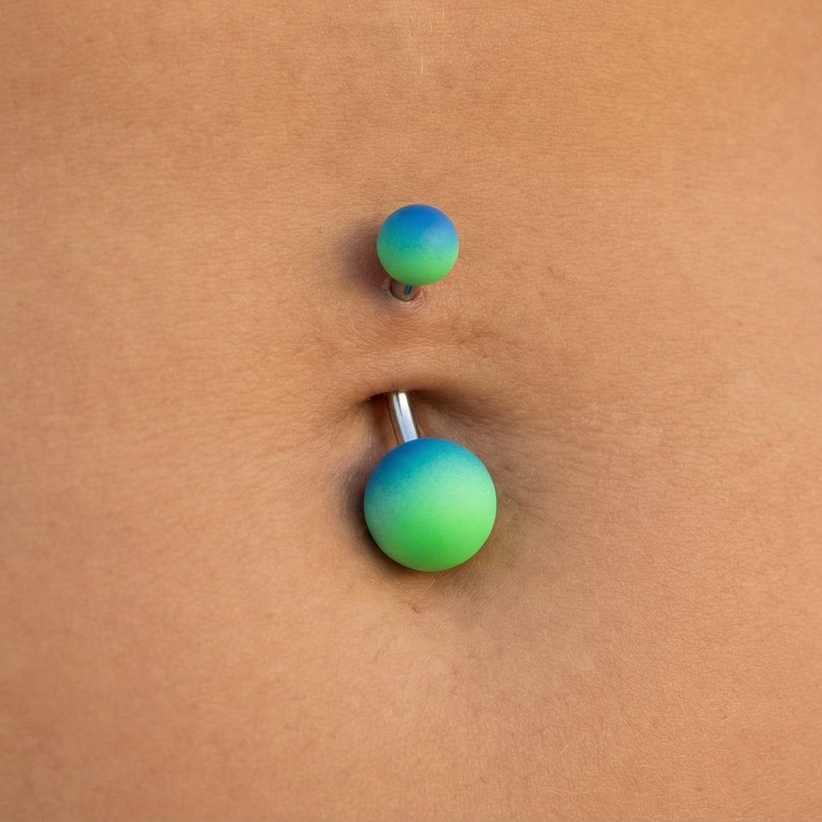 Ombre Gradient Matte Rubber Coated Belly Ring 14G 316L Surgical Steel Blue Green On Model.
