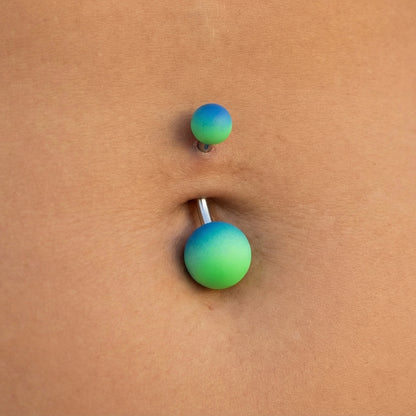 Ombre Gradient Matte Rubber Coated Belly Ring 14G 316L Surgical Steel Blue Green On Model.