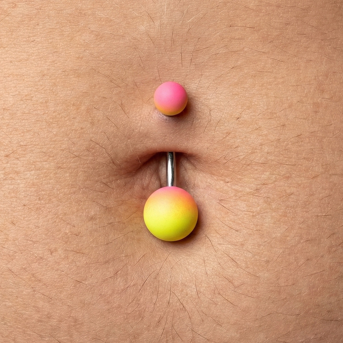 Ombre Gradient Matte Rubber Coated Belly Ring 14G 316L Surgical Steel Pink Yellow On Model.