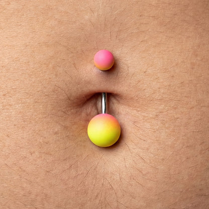 Ombre Gradient Matte Rubber Coated Belly Ring 14G 316L Surgical Steel Pink Yellow On Model.