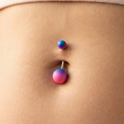 Ombre Gradient Matte Rubber Coated Belly Ring 14G 316L Surgical Steel Purple Blue On Model.