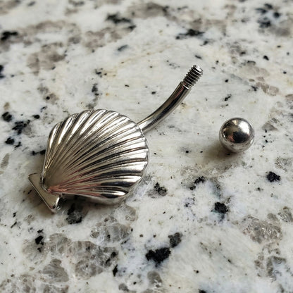 Seashell Belly Ring 14G 316L Surgical Steel On a Countertop with the ball Removed.