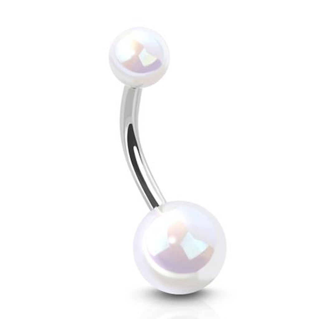 White Iridescent Pearlescent Shimmer Belly Ring 14G 316L Surgical Steel against a white background.